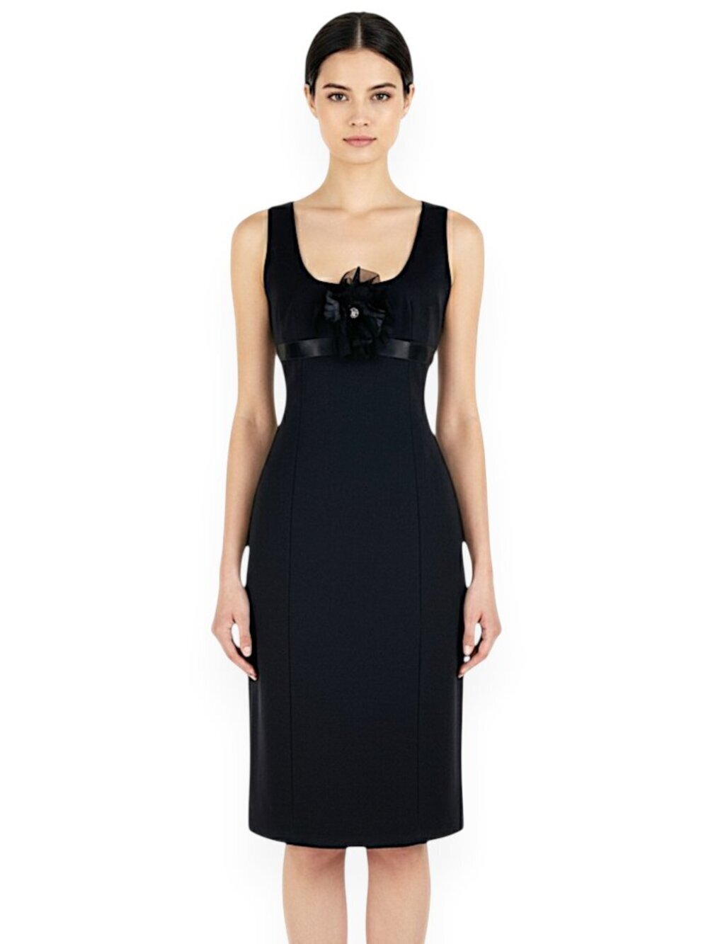 Rebecca Taylor Black Empire Stretch Wool Ribbon Belt Flower Brooch Dress New 8